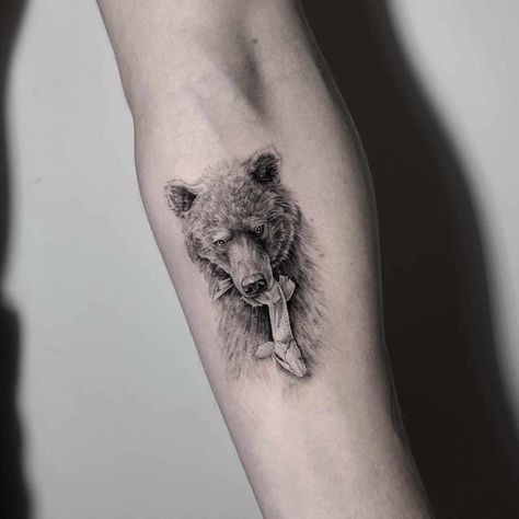 Fineline Bear Tattoo, Realistic Bear Tattoo, Bear Tattoos For Men, Geometric Bear Tattoo, Black Bear Tattoo, Bear Claw Tattoo, Polar Bear Tattoo, Grizzly Bear Tattoos, Lion Forearm Tattoos