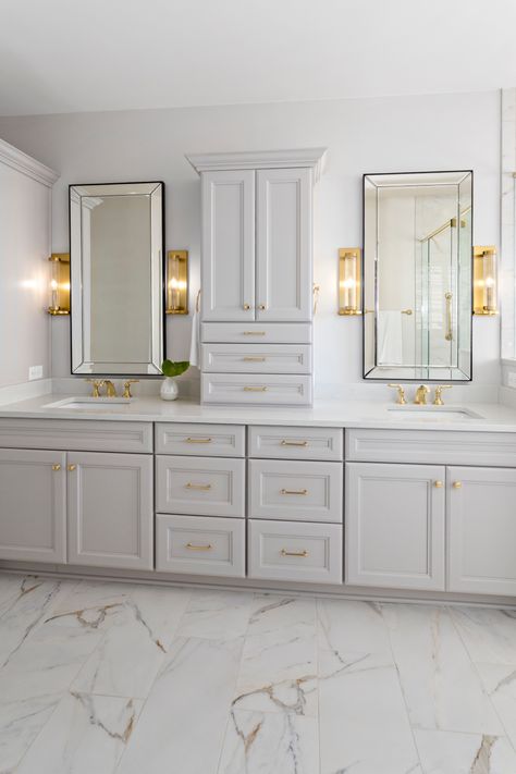 Master Bath Inspiration Traditional, Master Vanity With Linen Cabinet, Double Vanity With Linen Tower, Classic Master Bath Remodel, Bathroom Vanity With Matching Linen Cabinet, Bathroom Vanity With Linen Tower Double Sinks, Double Vanity With Linen Cabinet On End, Bathrooms Vanity, Bathroom Design Plans