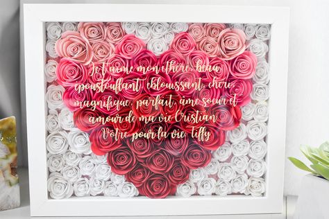 This beautiful flower shadow box is made with hand-rolled flowers on a solid or sparkly cardstock background. The shadow box frame features your choice of a word or quote or name in permanent vinyl on the front (glass). It makes a unique gift forChristmas, birthdays, Mother's Day, Valentine's Day, graduation, teacher appreciation, bridal showers, baby showers, housewarming, engagements or weddings. It also would love lovely in an office or craft room, or a kids' room or nursery. You could also u Graduation Teacher, Rolled Flowers, Heart Shadow, Shadow Box Gifts, Wedding Shadow Box, Flower Shadow, Pineapple Gifts, Condolence Gift, Flower Shadow Box