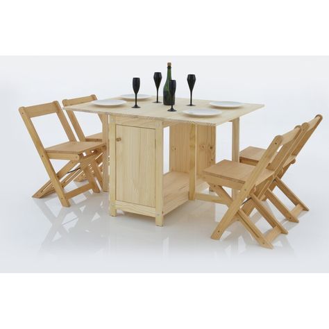 From the Tree Furniture 46.06" Solid Wood Rectangular Fold-in-Half Folding Table with 4 Chairs | Wayfair Foldable Dining Table, Space Saving Table, Tree Furniture, Portable Kitchen, Folding Dining Table, Foldable Table, Drop Leaf Dining Table, Trestle Dining Tables, Chair Storage