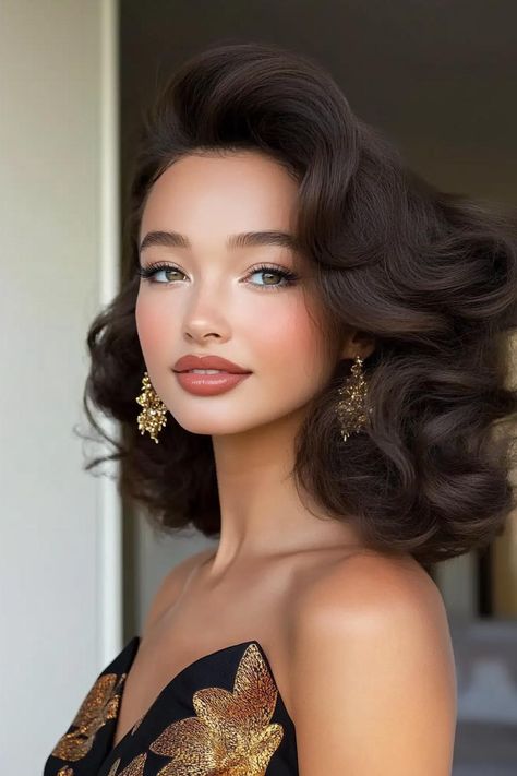 homecoming hairstyles, formal hairstyles, hair inspiration Hollywood Curls Middle Part, Pinned Up Hair, Old Hollywood Hairstyles, Relaxed Updo, Homecoming Hair Ideas, Bouncy Waves, Old Hollywood Hair, 2025 Ideas, Hollywood Curls