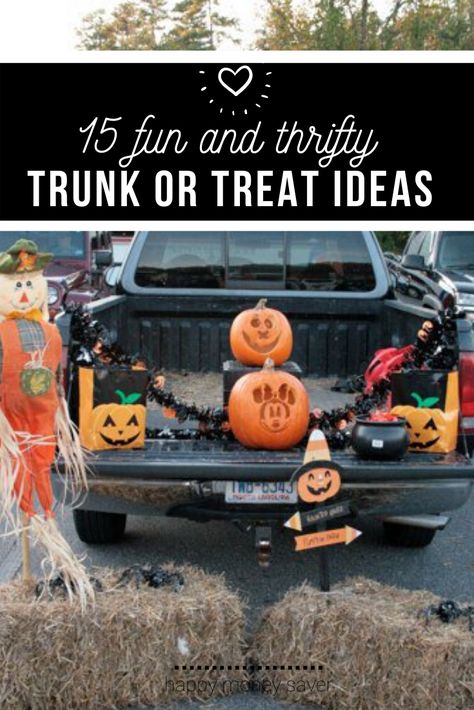 Trunk or treats can be so fun, but having to plan out a cute trunk can be super stressful! Here are 15 of my best diy trunk decorating ideas that everyone can do!! #easydiy #halloween #thriftytips #trunkortreat | happymoneysaver.com Thrifty Trunk Or Treat Ideas, Trunk Or Treat For Sedans, Trunk Or Treat For Pickup Trucks, Trunk Or Treat With A Truck, Easy Trunk Or Treat Ideas For Pick Up Trucks, Easy Trunk Or Treat Ideas For Suv Diy, Simple Diy Trunk Or Treat Ideas For Cars, Trunk Or Treat Themes For Trucks, Truck Ideas For Trunk Or Treat