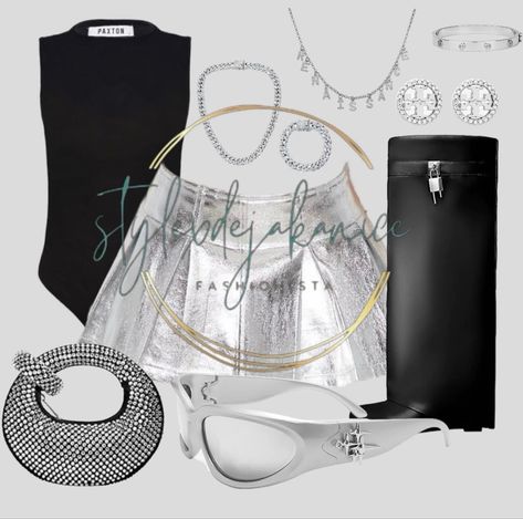 Black And Silver Outfits Black Women, Sliver Outfit Ideas Black Women, Silver Knee High Boots Outfit, Silver Skirt Outfit Black Women, Metallic Skirt Outfit Black Women, Chrome Outfit Black Women, Silver Boots Outfit Black Women, Silver Metallic Skirt Outfit, Silver Outfit Black Women