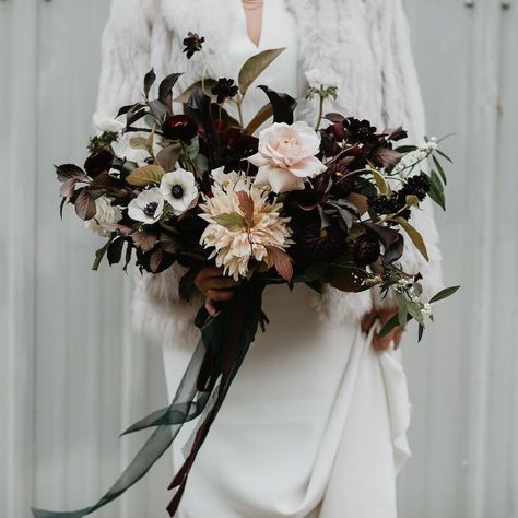 20 Gorgeous Dark & Moody Bouquets We're Loving! | One Fab Day | OneFabDay.com Ireland Moody Wedding Flowers, Burgundy Bouquet, Dark Wedding, Dark Flowers, Moody Wedding, Purple Orchids, Halloween Wedding, Purple Wedding, Wedding Trends