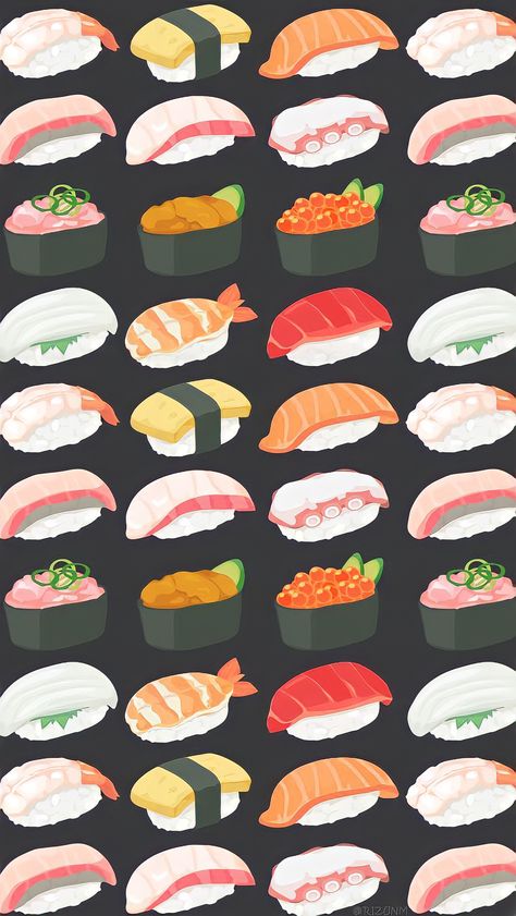 Sushi Aesthetic Wallpaper, Japanese Food Wallpaper, Sushi Wallpaper, Japanese Food Illustration, Food Tattoos, 귀여운 음식 그림, Food Sketch, Sushi Art, Food Cartoon