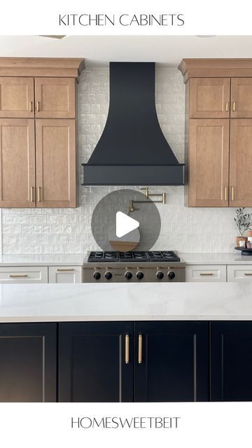 Rania | Home & Lifestyle on Instagram: "Q&A - Kitchen Cabinets  Brand: Mid Continent Cabinetry  Door style: Parker  Wood: Maple Stain: Drift Stain: Ebony Stain: White  Have any questions? Ask below!  #cabinet #kitchencabinets #maplecabinets #blackcabinets #oakcabinetry #whitecabinets #kitchendesign #kitchentips #kitchen" Maple Kitchen Cabinets With Black Island, Black Base Cabinets Wood Upper, Maple Stained Kitchen Cabinets, Brown And White Kitchen Cabinets, Maple Cabinets Kitchen, Kitchen Selections, House Renos, Maple Kitchen Cabinets, Maple Stain