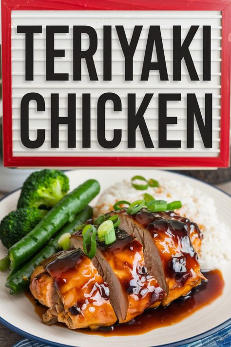 Teriyaki chicken served with rice, green onions, broccoli, and zucchini, with a sign saying "Teriyaki Chicken". How To Make Chicken Teriyaki, Teryokie Chicken Recipe, Healthy Chicken Teriyaki Recipe, Teriyaki Chicken Salad, Teriyaki Chicken Recipe, Easy Teriyaki Chicken, Chicken Chili Crockpot, Teriyaki Marinade, Teriyaki Glaze