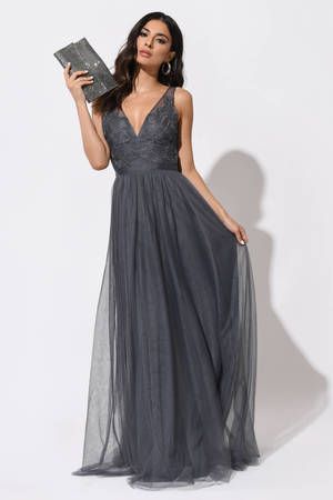 Grey Maxi Dress - Backless Dress - Grey Dress - Maxi Dress - $39 | Tobi US Charcoal Dress Outfit, Maxi Dress Accessories, Dark Grey Bridesmaid Dresses, Charcoal Bridesmaid Dresses, Gray Bridesmaid Dresses, Gray Gown, Spooky Wedding, Dark Grey Dress, Quinceanera Planning