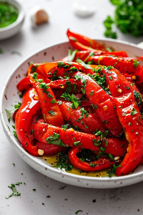 Unearth Italy's Secret: Piedmontese Roasted Peppers with Garlic and Parsley Recipe #mediterraneandiet Pepper Dishes, Mediterranean Appetizers, Parsley Recipes, Dinner Party Dishes, Party Dishes, Quick Weeknight Meals, Roasted Peppers, Food Is Fuel, Pizza Pasta