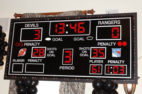 Diy Hockey Scoreboard, Backdrop With Lights, Backyard Hockey Rink, Bar Mitzvah Themes, Table Hockey, Hockey Bedroom, Gala Decorations, Hockey Room, Mitzvah Themes