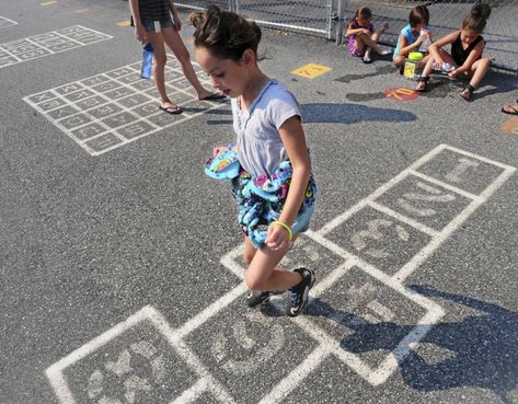 Hopscotch....Get the kids to play games once again OUTSIDE!!!  No handheld remotes. Summer Routine, Ballroom Competition Dress, Old Summer, Playground Kids, Ballroom Competition, Playing Outside, Costumes Kids, Spring 23, Jazz Dance Costumes