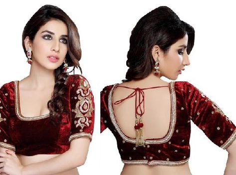 Scarlet Velvet with Embroidery Red Velvet Blouse Designs, Velvet Blouse Designs, Readymade Blouse Online Shopping, Red Velvet Blouse, Designer Saree Blouses, Velvet Blouse Design, Magenta Velvet, Blouse Designs High Neck, Saree Blouses Online