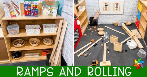 Preschool Ramps in the Block Center Ramps For Preschoolers, Ramps And Pathways Preschool, Ramps Preschool, Preschool Block Center Ideas, 6 Simple Machines, Block Center Preschool, Creative Curriculum Preschool, Wooden Ramp, Inclined Plane