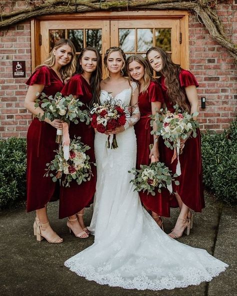 Velvet bridesmaid dresses - winter bridesmaid dresses - red bridesmaid dresses {Dima Feytser} Cheap Bridesmaid Dresses Online, Winter Bridesmaids, Winter Bridesmaid Dresses, Tea Length Bridesmaid Dresses, Red Mermaid, Burgundy Bridesmaid, Wedding Dress Guide, Red Bridesmaids, Velvet Dresses