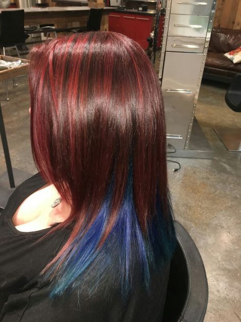 Burgundy/red hair with blue underneath Burgundy Hair With Blue Highlights, Dark Red And Blue Hair, Red And Blue Highlights Hair Color Ideas, Red Hair With Blue Underneath, Blue Highlights In Red Hair, Red Hair Blue Highlights, Blue Hair With Red Tips, Red And Blue Hair Color, Red Hair With Blue Highlights