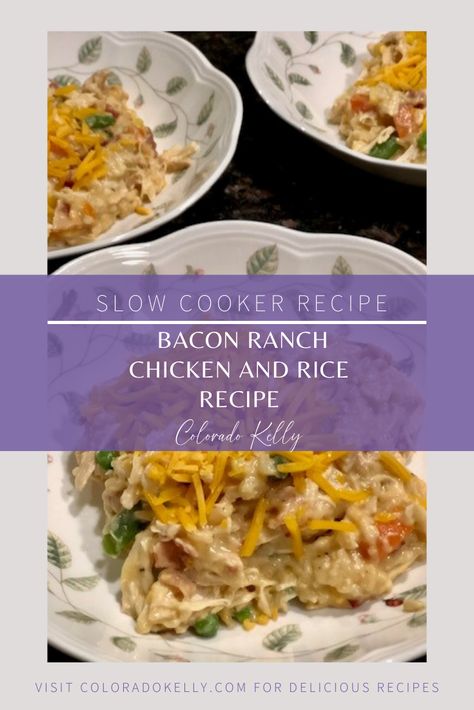 Bacon Ranch Chicken and Rice Recipe Chicken Bacon Ranch Rice, Chicken Bacon Ranch Crockpot, Ranch Chicken And Rice, Ranch Rice, Slow Cooker Chicken Rice, Bacon Rice, Bacon Ranch Chicken, Turkey Stuffing Recipes, Slow Cooker Bacon