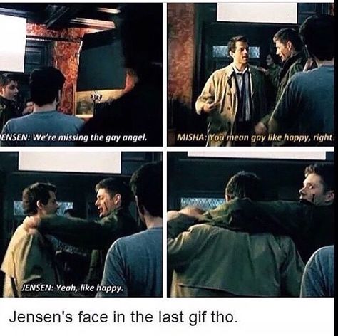 HE DON'T MEAN HAPPY!!!!! Film Memes, Impala 67, Funny Supernatural, Supernatural Tumblr, Mrs Hudson, John Barrowman, Supernatural Destiel, Winchester Boys, Supernatural Memes