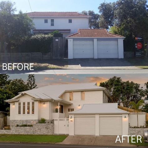 Before and after from the exterior of our Coastal House, a Hamptons style renovation on the beach. Beach House Renovation Before And After, Coastal Homes Exteriors, Queenslander Renovation, House Before And After, House Cladding, Hampton House, Coastal House, House Facade, Home Exterior Makeover