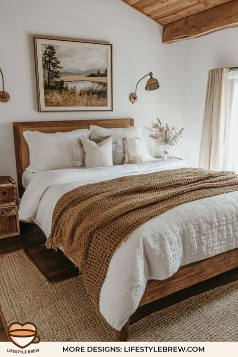 Farmhouse Style Bedroom Ideas - LifeStyle Brew Bedroom Country Farmhouse, Cozy Woodsy Bedroom, Light Wood Furniture Bedroom Ideas, Natural Modern Bedroom Decor, Timeless Bedroom Ideas Vintage, Farmhouse Style Guest Bedroom, Cozy Bedroom With White Walls, Modern Farmhouse Furniture Ideas, Farmhouse Bedroom Mood Board