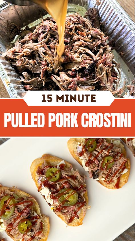 Two-image collage of pulled pork in a foil tray and bbq pulled pork crostini served on a white plate. Pulled Pork Appetizer, Finger Food For A Crowd, Appetizer For Party, Bbq Leftovers, Pulled Pork Seasoning, Holiday Finger Foods, Grilled Appetizers, Leftover Pulled Pork, Southern Bbq