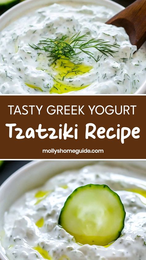 Explore the refreshing flavors of Greek cuisine with this creamy and tangy Greek yogurt tzatziki recipe. Made with simple ingredients like cucumber, garlic, dill, and of course, thick greek yogurt, this versatile sauce is perfect as a dip for vegetables or pita bread, or as a condiment for gyros and grilled meats. Homemade Taziki Greek Yogurt, Healthy Tzatziki Sauce Greek Yogurt, Tzaki Sauce Recipe Greek Yogurt, Tziki Sauce Recipe Greek Yogurt Easy, Tziki Sauce Recipe, Lemon Yogurt Recipe, Dip Greek Yogurt, Greek Yogurt Tzatziki, Cucumber Yogurt Dip