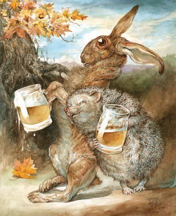 "The Tipsy Two" Omar Rayyan It's a rabbit and a hedgehog. Drinking beer. And, from the look of it, singing drunkenly. There is nothing about this that is not epic. Omar Rayyan, Rabbit Art, Bunny Art, Fairytale Art, Arte Animal, Art And Illustration, Childrens Illustrations, Children's Book Illustration, Whimsical Art