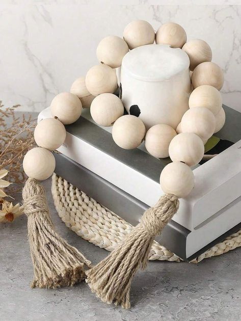 Farmhouse Chic Decor, Wood Beads Diy, Wooden Bead Garland, Country Decor Rustic, Bead Garland, Beaded Rope, Wood Bead Garland, Diy Garland, Wood Home Decor