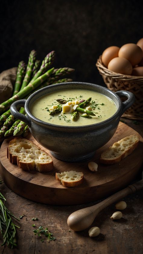 A bowl of creamy asparagus soup garnished with fresh asparagus and served with slices of bread on a wooden board, surrounded by fresh asparagus spears and ingredients. Manchow Soup Photography, Soup Gourmet, Soup Photography, Cream Of Asparagus, Christmas Food Photography, Gourmet Soup, Cream Of Asparagus Soup, Asparagus Soup, Gourmet Dinner