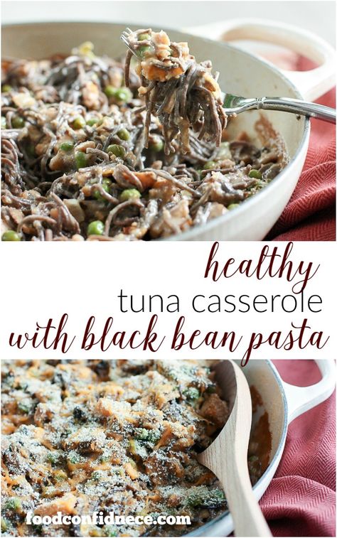 Healthy tuna casserole with black bean pasta. The perfect weeknight recipe that will please the whole family! Healthy Tuna Casserole, Black Bean Pasta Recipes, Black Bean Spaghetti, Bean Pasta Recipes, Black Bean Pasta, Healthy Tuna, Perfect Pantry, Bean Pasta, Tuna Casserole