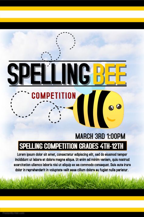 Children's Spelling Bee Competition Poster Template. Spelling Competition Ideas, Quiz Competition Decoration Ideas, Spell Bee Competition Poster, Spelling Bee Poster, Poster Making Contest, Spelling Bee Competition, Spell Bee Competition, School Reference, Bee Poster