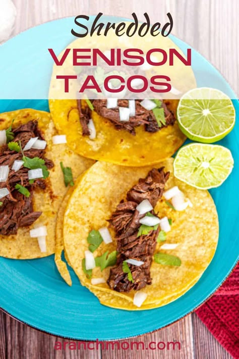 Easy Venison Crockpot Recipes, Deer Steak Tacos, Shredded Venison Tacos, Venison Tacos Slow Cooker, Venison Carne Asada, Venison Street Tacos, Deer Meat Tacos, Shredded Venison Recipes, Venison Steak Tacos