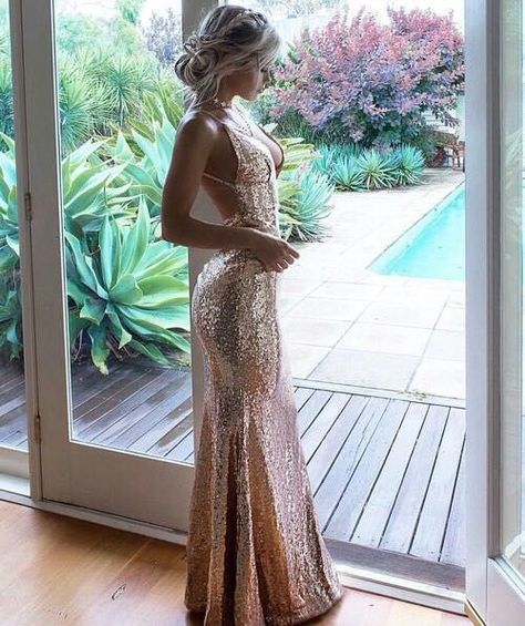 Prom Dress Rose Gold, Rose Gold Prom Dresses, V Neck Formal Dress, Backless Prom Dress, Dress Rose Gold, Gold Floor, Ombre Prom Dresses, Gold Prom Dresses, Formal Ball Gown