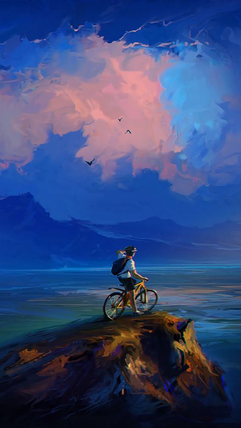 Tap to download #rock #cyclist #cliff #art #wallpaper #lockscreen #mobile #android #ios #infinitywallpaper #infinityfunnydotcom #horoscopesocialnetwork Wallpaper Seni, Earth Art, Arte Inspo, Art Et Illustration, Bike Art, Anime Scenery Wallpaper, Fantasy Landscape, Scenery Wallpaper, Anime Scenery