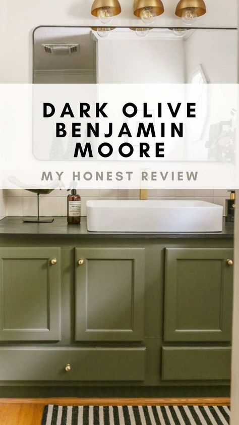 Dark Olive paint color by Benjamin Moore on bathroom cabinets Bonsai Benjamin Moore, Mediterranean Olive Benjamin Moore, Dark Olive Benjamin Moore Cabinets, Dark Olive Benjamin Moore, Benjamin Moore Dark Olive, Olive Benjamin Moore, Green Benjamin Moore, Benjamin Moore Bedroom, Door Diy Projects