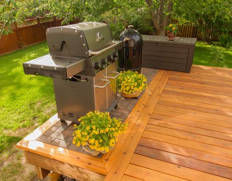 Look what our customers can do with our Silca System! Adding a stone pad under the BBQ, helps protect the wood deck from heat and spills. Grill Pad Off Deck, Deck Extension For Grill, Bbq On Deck Ideas, Floating Deck With Grill Area, Deck With Bbq Area, Grill Pad Ideas, Deck With Grill Area, Bbq On Deck, Low Deck Designs