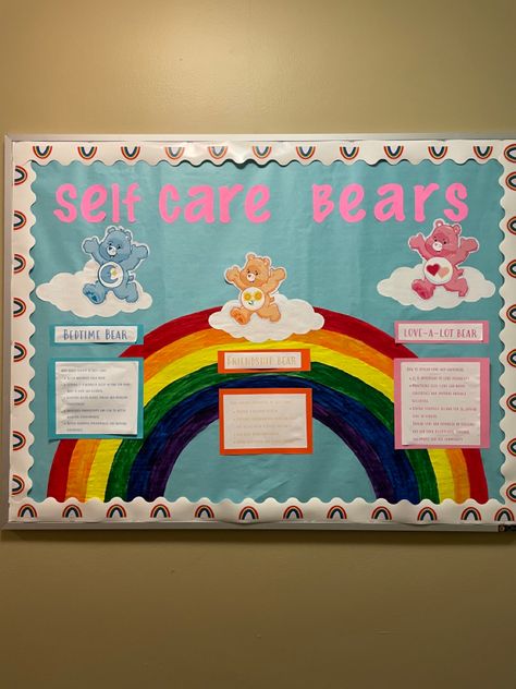 Self Care Bear Bulletin Board, Wellness Center Bulletin Board, Ra Programs College, Care Bear Door Decs, Diversity Events College, Bored Board Nursing Home, Ra Welcome Back Bulletin Boards College, Self Care Bulletin Board Ideas, Wellness Ra Board