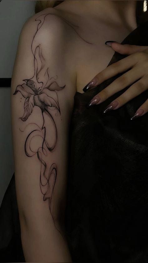 Greyscale Tattoo Women, Colored Abstract Tattoo, Wrist And Arm Tattoos, Tattoo Close Up, Shoulder To Wrist Tattoo, Smokey Background Tattoo, Purple Orchids Tattoo, Aesthetic Arm Sleeve Tattoos, Aesthetic Tattoo Inspiration