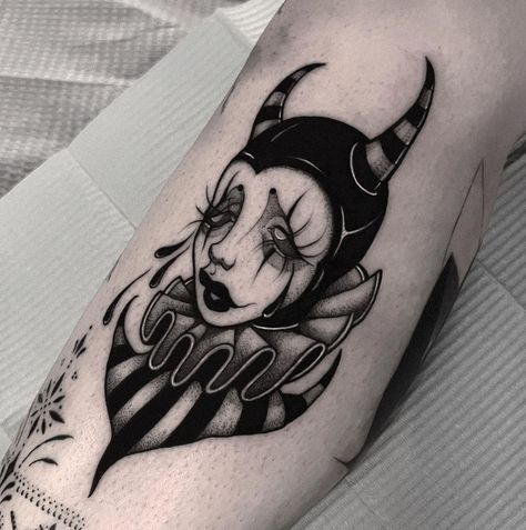 Twisted Tattoos, Coverup Ideas, Circus Tattoo, Clown Tattoo, Witch Tattoo, 4 Tattoo, Creepy Tattoos, Tattoos For Black Skin, Weird Tattoos