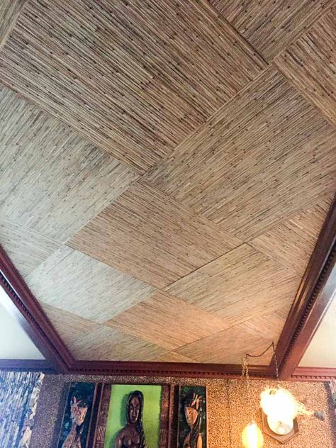 A grasscloth bamboo ceiling for my home tiki bar, The Mahalo Lounge - Retro Renovation Tropical Ceiling Design, Tiki Ceiling, Reed Ceiling, Tornado Room, Boho Ceiling, Home Tiki Bar, Grass Cloth Wallpaper, Cloth Wallpaper, Rattan Ceiling