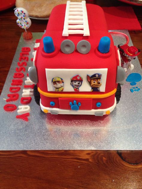 Paw Patrol Fire Truck Birthday Cake - I made this for my 3yr old sons birthday Paw Patrol Fire Truck Cake, Marshall Fire Truck Cake, Marshall Birthday Cake, Paw Patrol Cake Number 3, Firetruck 2nd Birthday Cake, Fire Truck And Police Car Birthday Cake, Fire Truck Birthday Cake, Paw Patrol Monster Truck Cake, Fire Truck Cake