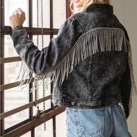 Back Stone Wash Rhinestone Denim Jacket Rhinestone Jean Jacket, Rhinestone Denim Jacket, Monkey Jacket, Fringe Denim Jacket, Rhinestone Jacket, Jean Jacket Styles, Fitted Jean Jacket, Rhinestone Denim, Pink Denim Jacket