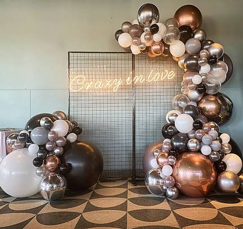 Rose Gold Black And Silver Balloon Garland, Rose Gold And Silver Balloons, 40 Balloon Garland, Black Grey Gold Party Decor, Rose Gold Black Balloon Garland, Copper Balloon Garland, Rose Gold Black And Silver Decorations, Balloon Garland Engagement Party, Rose Gold Black And Silver Party Decorations