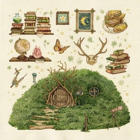 Hobbit Hole Illustration, Tree House Illustration, Countryside Illustration, Cottage Illustration, Cottagecore Design, رسم كاريكاتير, Countryside Art, Cottagecore Art, Storybook Art