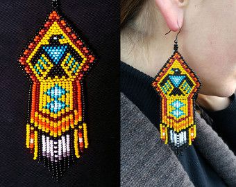 Eagle Beaded Earrings, Native America Style Bead Eagle Earring, Native American Style Big Earring, Native American Style Thunderbird Jewelry Beaded Ideas, Anting Manik, Seed Bead Jewelry Patterns, Beaded Earrings Native, Native American Beaded Earrings, Beaded Earring, Native Beadwork, Brick Stitch Earrings, Native American Beadwork