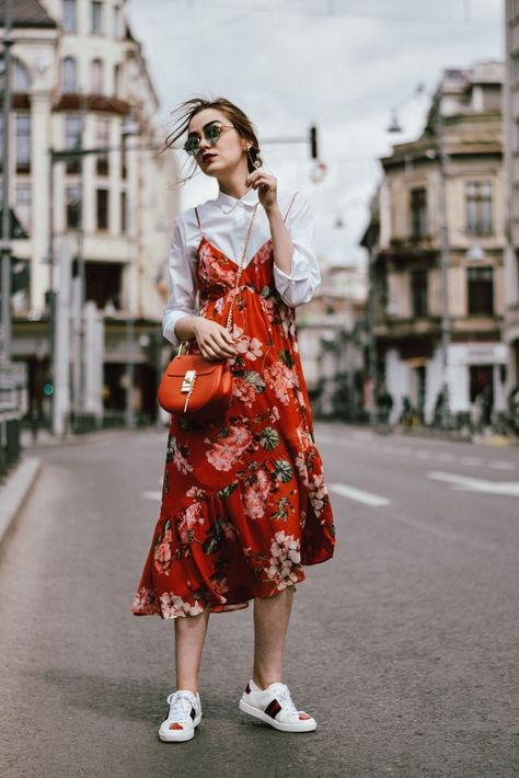 Mango midi red floral dress, asos white button down shirt, gucci ace heart white sneakers, topshop dress, white leather sneakers, kicks, red chloe drew bag, chloe drew lookalike bag, zara round 50mm mirrored sunglasses, ray ban sunnnies, gold earrings, layering with a slip dress, andreea birsan, couturezilla, cute spring outfit inspiration 2017, spring style, what to shop, chic oh a budget, spring minimal and girly outfit, european fashion blogger, romanian fashion blog, casual spring ootd, ... Moda Do Momento, Fashion Blogger Style, Looks Street Style, Fashion Weeks, Inspired Outfits, Dress With Sneakers, Casual Summer Dresses, Girly Outfits, Mode Inspiration