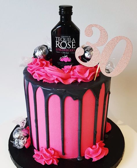 Tequila Rose Cake Alcohol Theme Cakes For Women, Hot Pink 30th Birthday Cake, Tequila Rose Cake Ideas, Tequila Cake Design, Tequila Rose Cake, Tequila Birthday Cake, Hot Pink And Black Cake, Tequila Cake, 21st Bday Cake