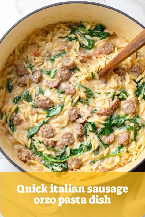 Fast and easy Italian sausage orzo pasta dish, perfect for weeknight dinners with Italian sausages and pasta. Italian Sausage Pasta Recipes, Italian Sausage Orzo, Chicken Thighs Slow Cooker Recipes, Pasta Italian Sausage, Orzo Dinner Recipes, Italian Sausage Pasta Bake, Simple Weeknight Dinners, Chicken Orzo Pasta, Pasta Recipes Quick