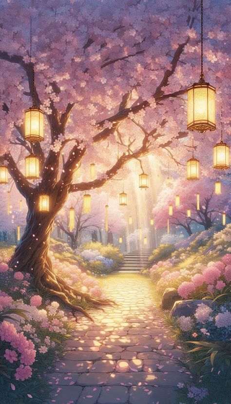 Escape to a tranquil oasis with 'Blooming Serenity' Watch as the gentle blossoms fall under the soft glow of traditional Japanese lanterns. Find your peace in this idyllic landscape #animagenvironment #4kwallpaper #cherryblossom #gardeninspiration #naturalintrigue #relaxwithme #shinobingatheringall Find Your Peace, Cherry Blossom Wallpaper, Aesthetic Wallpaper Iphone, Japanese Lanterns, Ghibli Artwork, Traditional Artwork, Pretty Landscapes, Pretty Drawings, Dreamy Art