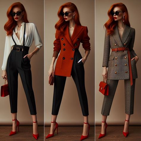 Yacht Party Outfit Winter, November Birthday Outfit Women, Winter Outfits Professional, Red Business Outfit, Female Boss Outfit, Fun Business Casual Outfits, Business Attire Ideas, Women Suit And Tie, Theater Outfit