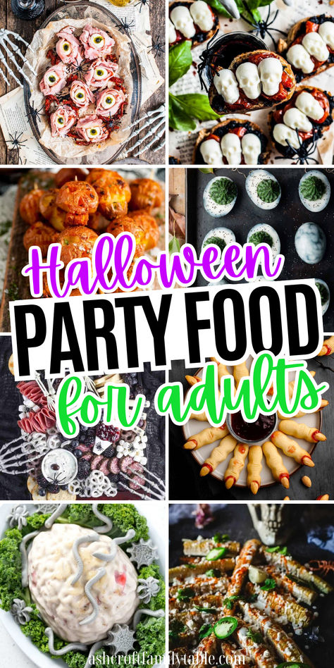 Collage of Halloween themed party food ideas for adults, including appetizers, finger foods, desserts, drinks, and dinner recipes. Dinner Finger Foods, Halloween Party Food For Adults, Party Food For Adults, Halloween Party Food Ideas, Best Halloween Party, Halloween Rice Krispie Treats, Creepy Halloween Party, Halloween Themed Food, Halloween Party Appetizers